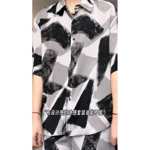 短袖衬衫男+短裤男潮流休闲套装男M-5XL大码TZ78704P50控98模特图图片