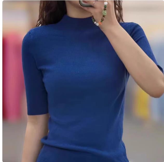 时尚显瘦百搭纯色简约半高领精纺短袖,女装T恤,挚尚羊绒