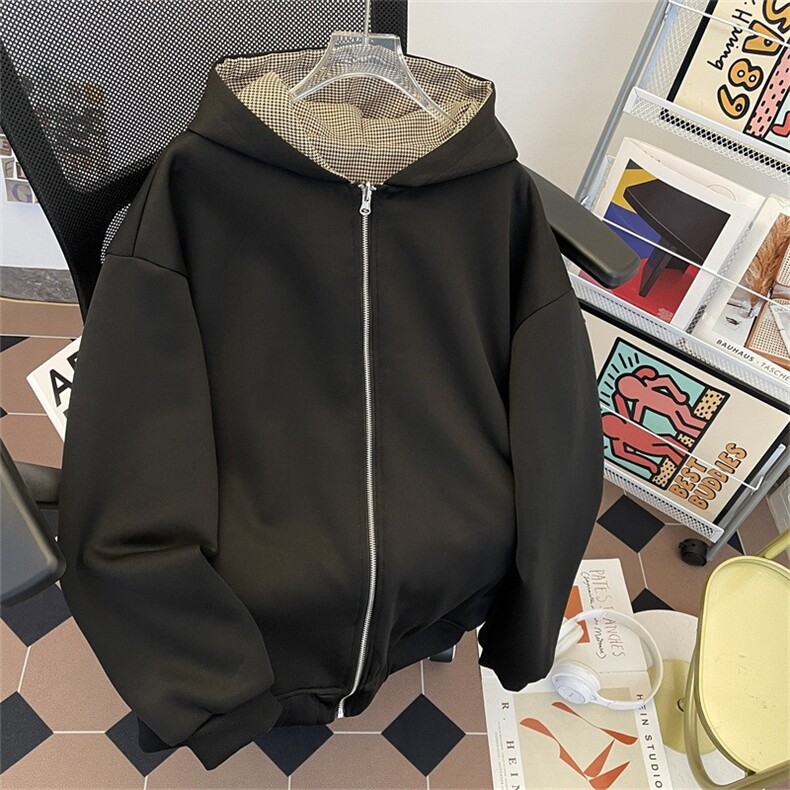 复古千鸟格双面穿格子拉链开衫卫衣cleanfit外套,女装短外套,星座506A