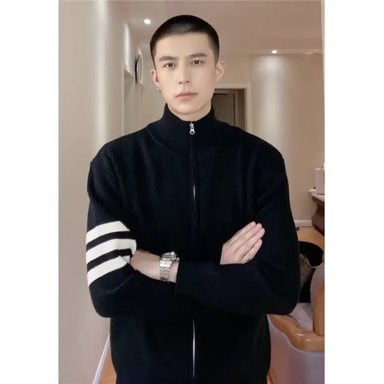 灰色美式三条杠针织衫外套男款秋季松弛感长袖简约情侣款开衫毛衣,男装针织衫/毛衣,星座410-7