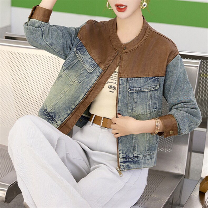 复古拼接牛仔外套女2025春秋新款韩版宽松小个子休闲短款夹克上衣，女装牛仔外套，美拉德工厂直营店