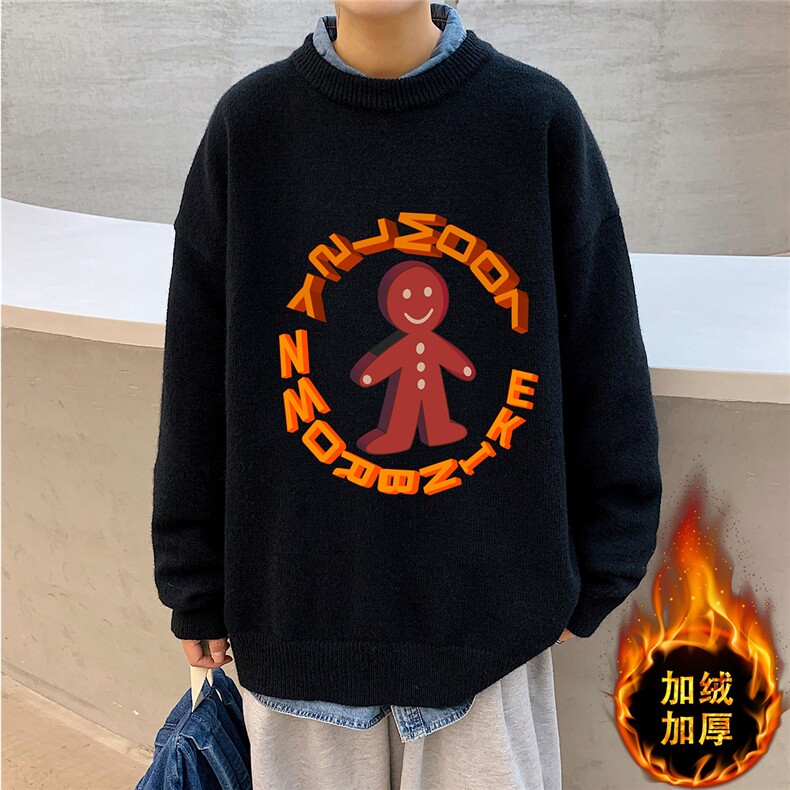 1港风圆领中性情侣潮流大码M-5XL印花加厚毛衣男7693P48加绒P55图片