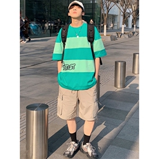 得物抖音40支双纱高品质港风时尚条纹印花短袖T恤男女T7231-P45，男装T恤，电商A441-1