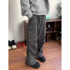 小众设计感复古水洗做旧大口袋宽松阔腿工装牛仔裤男长裤 KU76图片