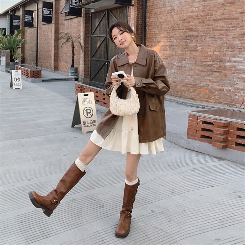 皮衣外套女中长款2025年春秋新款韩版宽松大码休闲机车服夹克上衣,女装皮衣,简古