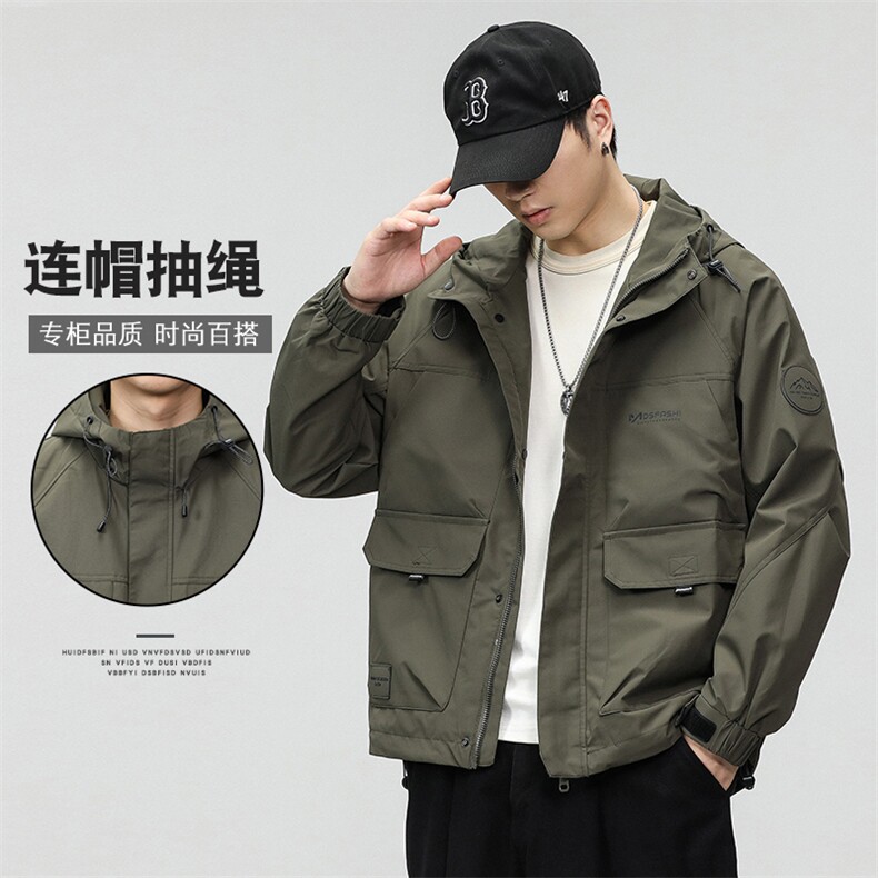 新款连帽工装休闲外套男宽松百搭潮流时尚夹克痞帅上衣61019-P105,男装夹克,电商D215