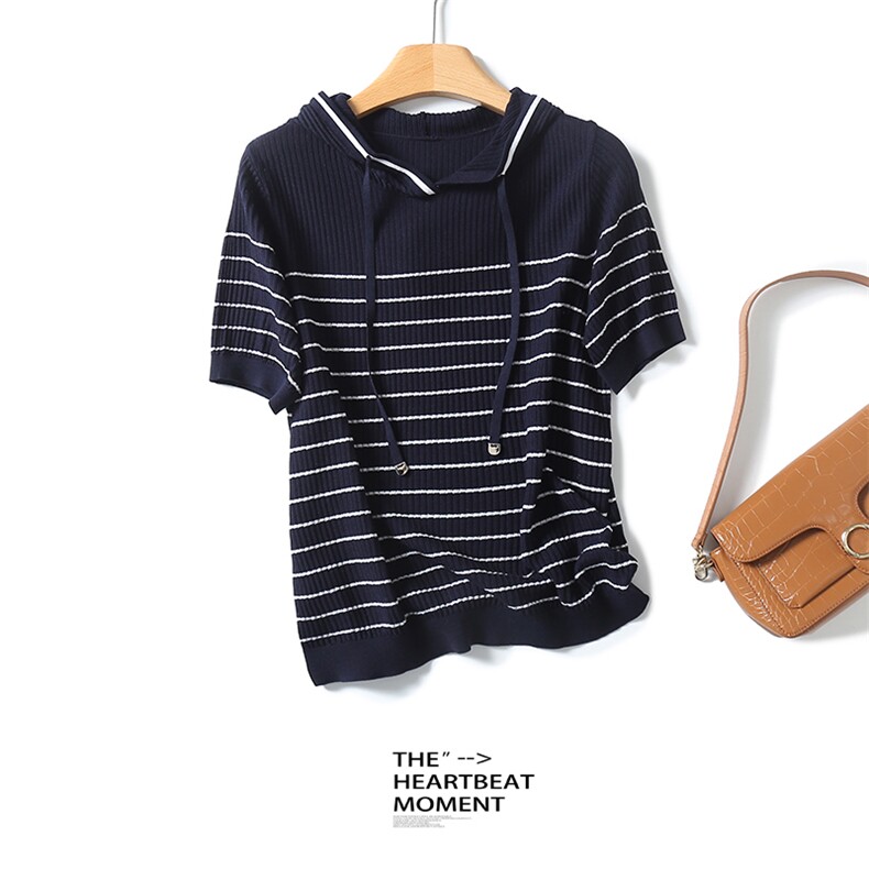 2025夏季时尚百搭修身显瘦女士条纹连帽衫短袖，女装T恤，昭美纯山羊绒