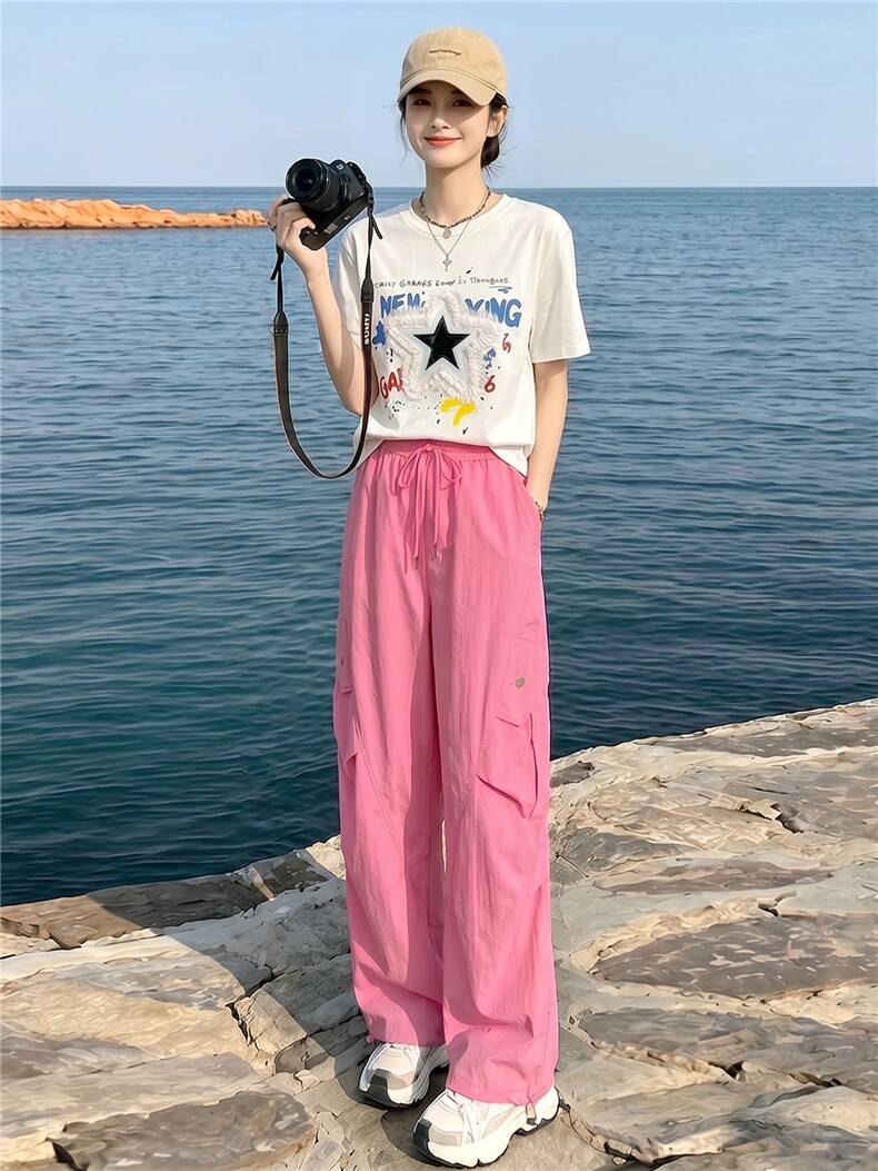 韩版休闲时尚套装女夏款个性简约圆领星星印花上衣工装长裤两件套,女装套装/套裙,江南
