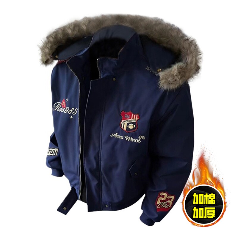 现货高品质美式高街重磅刺绣座山雕大毛毛领棉衣男女加厚棉服外套，男装棉衣，电商A443