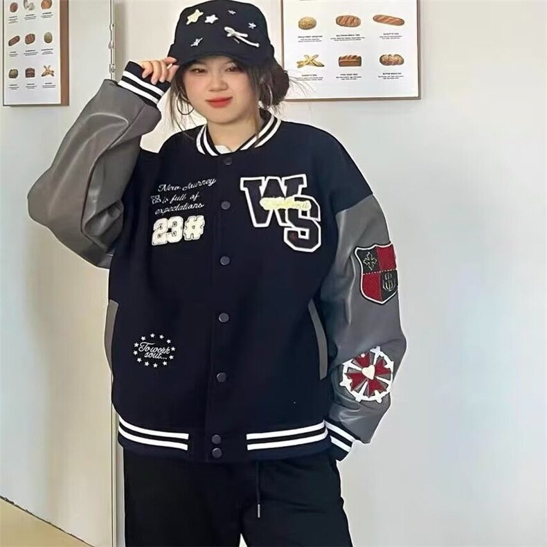 时尚文艺气质日系潮流百搭新款无品牌复古撞色棒球服外套ins慵懒图片
