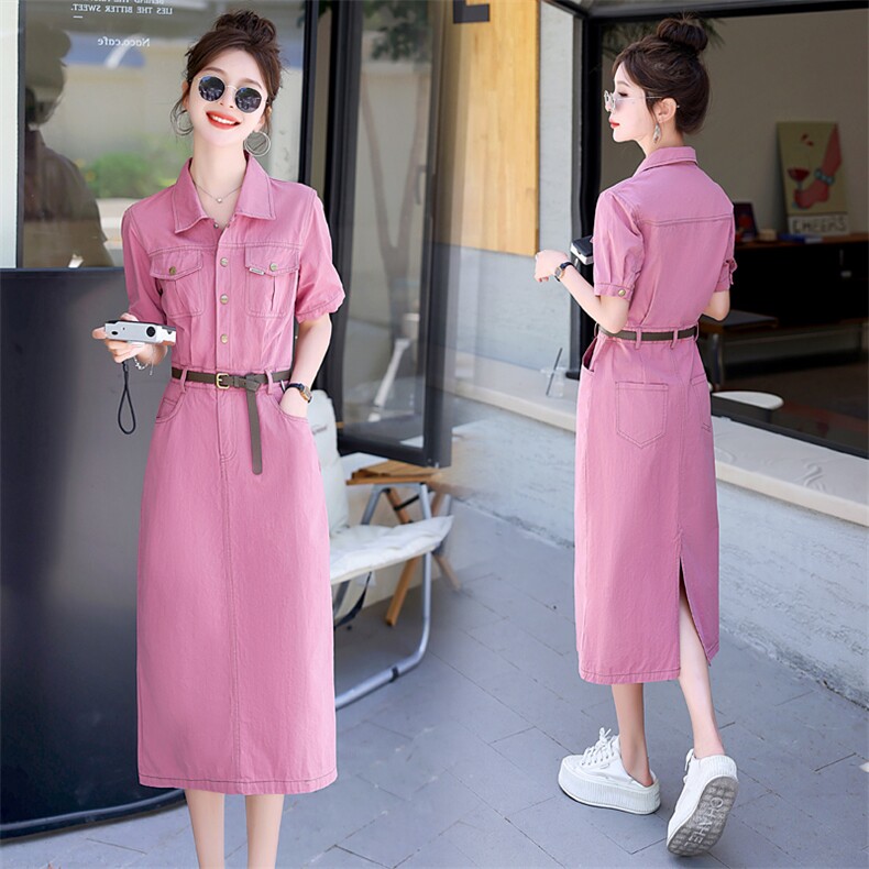 法式高端精致牛仔连衣裙2025夏季新款收腰显瘦高级感休闲粉色长裙，女装连衣裙，意芙