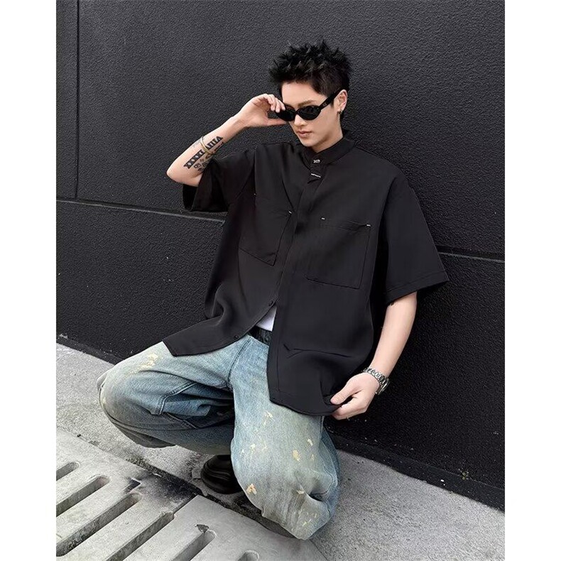 F703P31夏季痞帅男生垂感立领衬衣男短袖宽新中式男装衬衫,男装衬衫,星座512-6