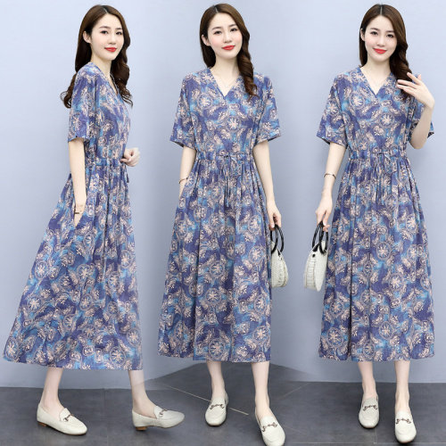 2021夏季时尚简约大方气质优雅收腰显瘦性感V领潮流印花连衣裙，女装连衣裙，一安秀