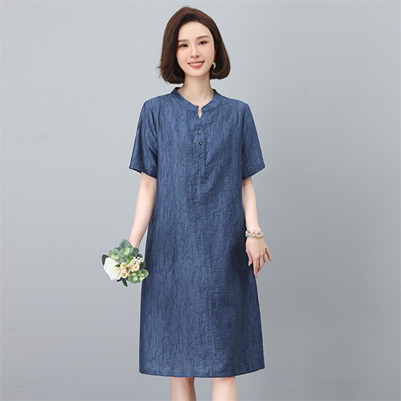 高端天丝短袖连衣裙女2025夏季新款洋气妈妈时尚大码宽松遮肚裙子,女装连衣裙,鑫鑫格