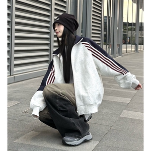 抖音得物高品质美式高街重磅结构织带拼接撞色立领卫衣外套CM41