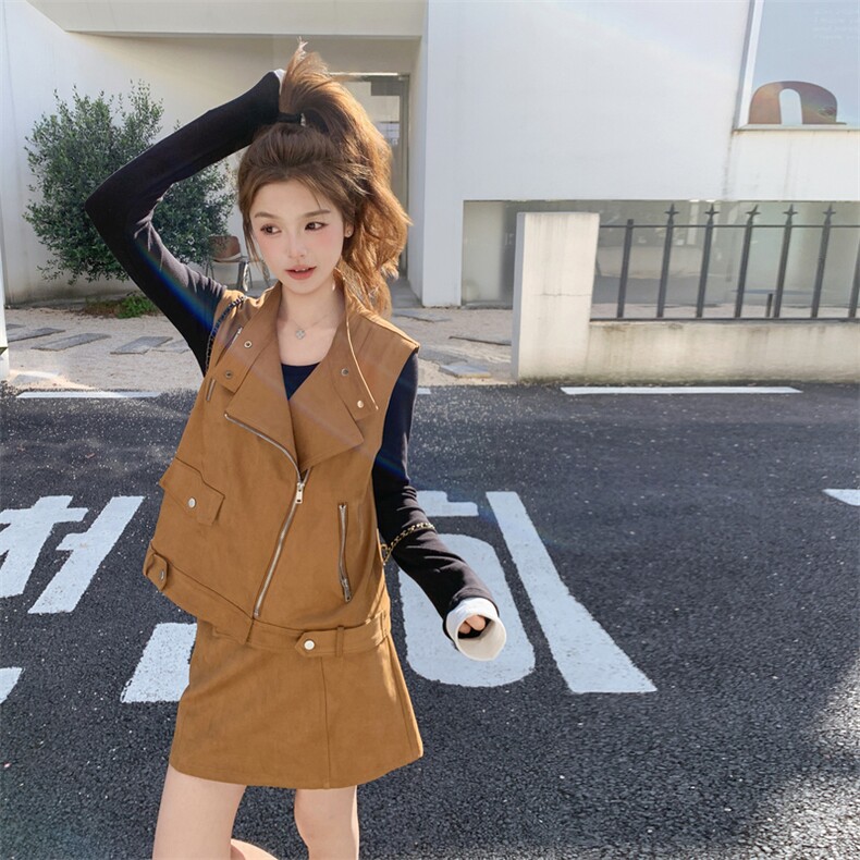 甜酷风时尚麂皮绒马甲短裙套装女2025秋季新款复古小个子两件套潮,女装套装/套裙,2C058