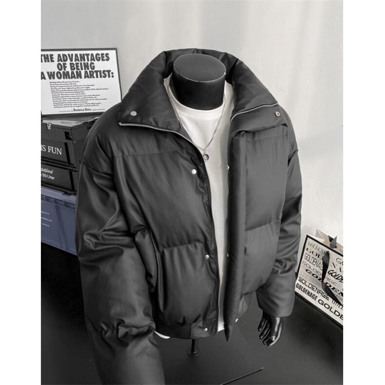 现货5W件冬季三防重磅硬挺boxy短款羽绒立领PU皮棉衣外套加厚棉服图片
