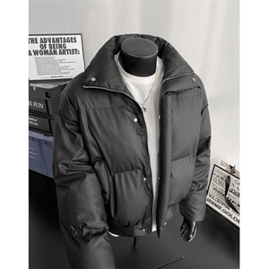 现货5W件冬季三防重磅硬挺boxy短款羽绒立领PU皮棉衣外套加厚棉服图片