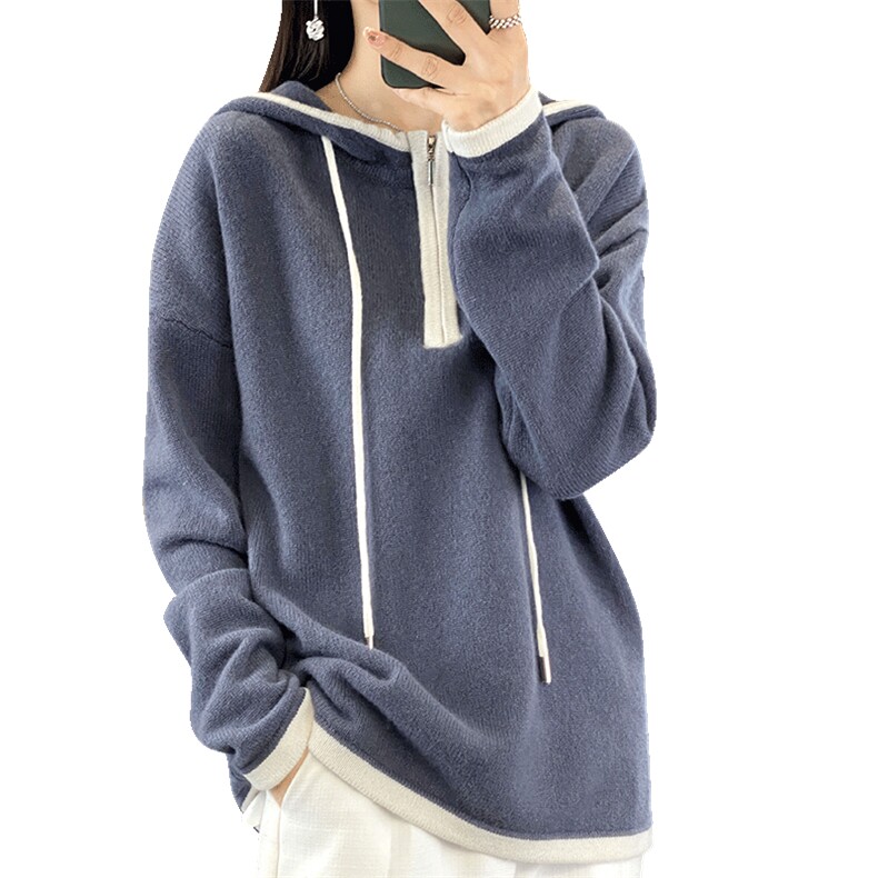 秋冬连帽半拉链100%羊毛套装女羊绒阔腿裤两件套宽松套头毛衣,女装羊毛衫,瑞上羊绒