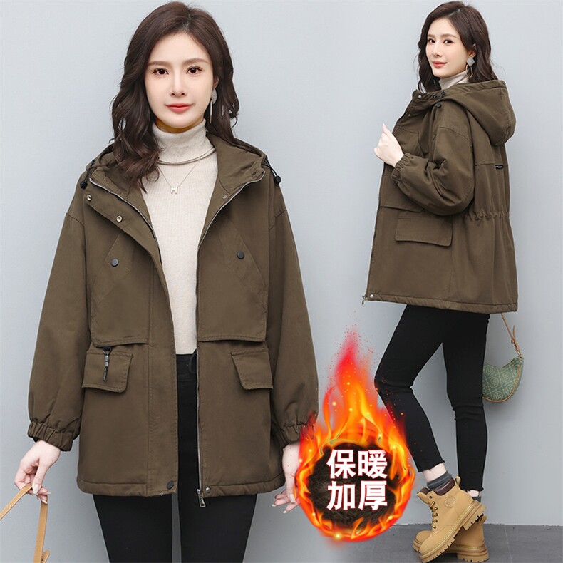 现货。2025冬装新款时尚简约气质休闲加绒连帽外套派克服。，女装派克服，依万里
