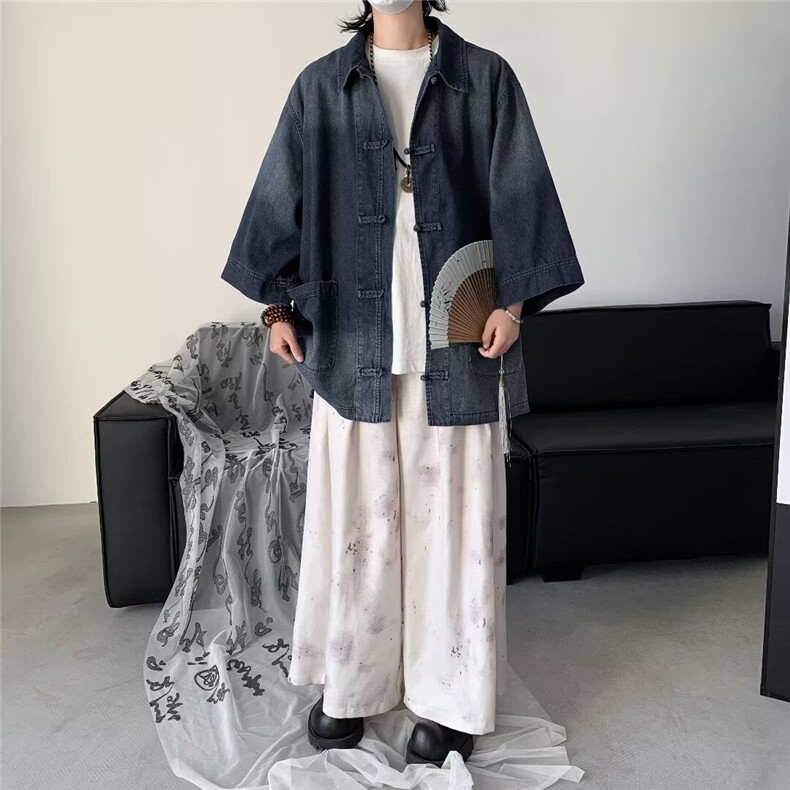新中式复古水洗牛仔短袖衬衫男女款日系风衬衣外套潮~NC986,男装衬衫,星座601-2