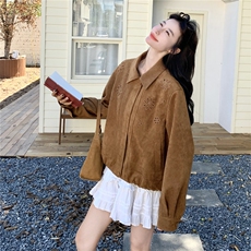 高级感美式刺绣休闲女春秋韩版百搭翻领宽松小个子夹克短外套潮，女装短外套，2C166