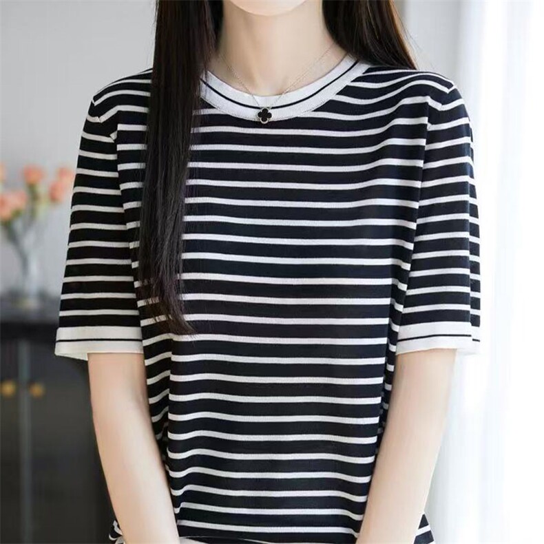 条纹圆领短袖冰丝面料短袖女,女装T恤,萱芳婷羊绒
