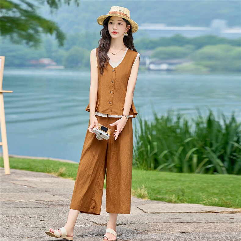2026年夏季老钱风天丝亚麻马甲加阔腿裤套装,女装套装/套裙,E百度