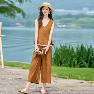 2026年夏季老钱风天丝亚麻马甲加阔腿裤套装图片