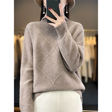 百搭高领菱形图案羊毛针织衫女秋冬季新款宽松显瘦毛衣，女装羊毛衫，隆格羊绒