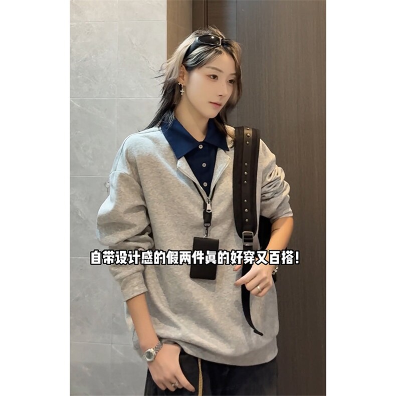 春季半拉链卫衣拼接假两件美式长袖polo衫男女 C64154-TP4589图片
