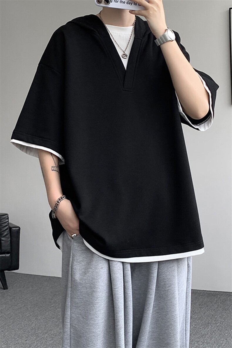 8XL-M假两件短袖卫衣连帽t恤男夏季薄款宽松大码学生半袖DT007P48,男装T恤,电商B312