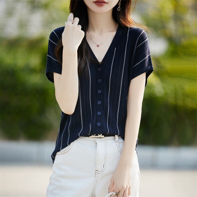 外搭V领莱赛尔天丝短袖开衫T恤女宽松撞色条纹针织休闲半袖上衣潮图片