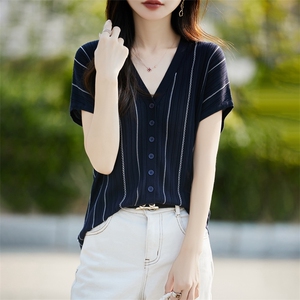 外搭V领莱赛尔天丝短袖开衫T恤女宽松撞色条纹针织休闲半袖上衣潮图片