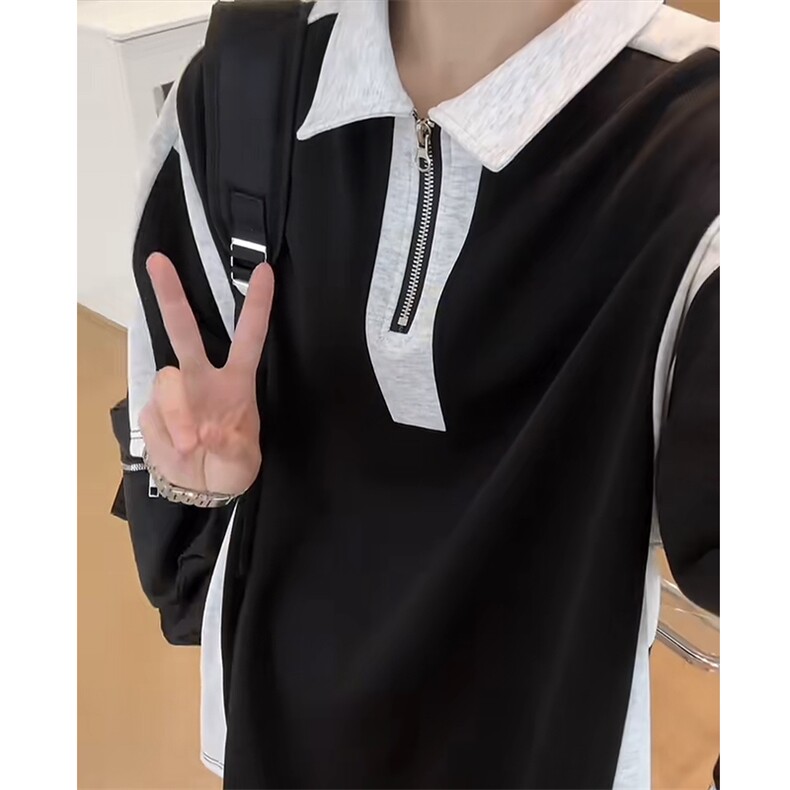 网图半拉链撞色拼接夏季潮男休闲短袖男女同款宽松T恤T2225-P38,男装T恤,星座1213