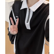 网图半拉链撞色拼接夏季潮男休闲短袖男女同款宽松T恤T2225-P38，男装T恤，星座1213