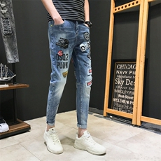 2021潮牌弹力牛仔裤男时尚印花修身小脚裤九分裤QT6027-89031，男装牛仔裤，电商D218