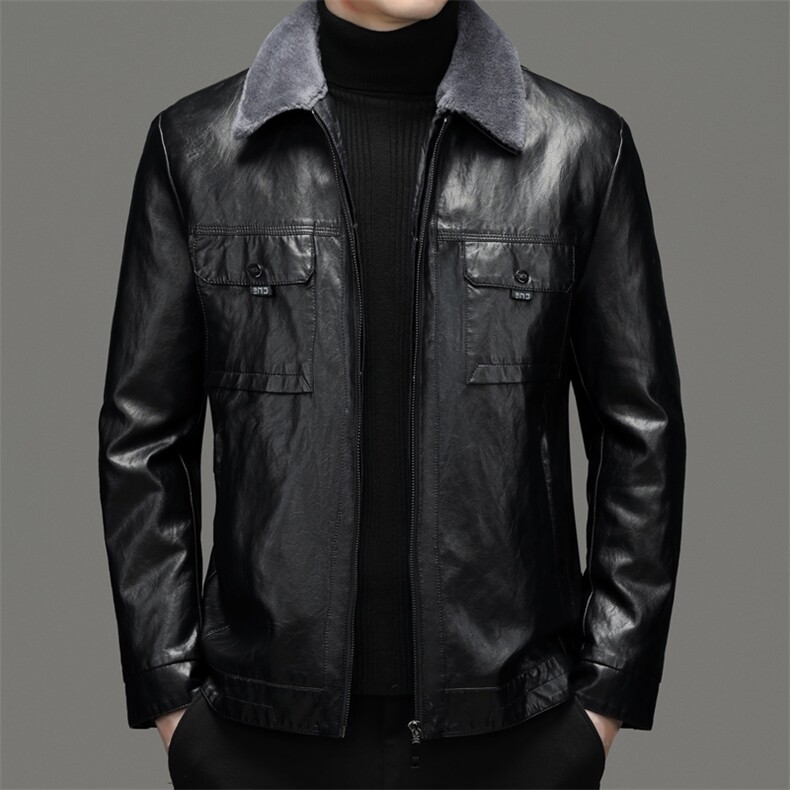 男士皮衣秋冬季新款中年爸爸翻领皮毛一体加厚商务休闲外套男装,男装皮衣,电商B212（原钱塘6029）