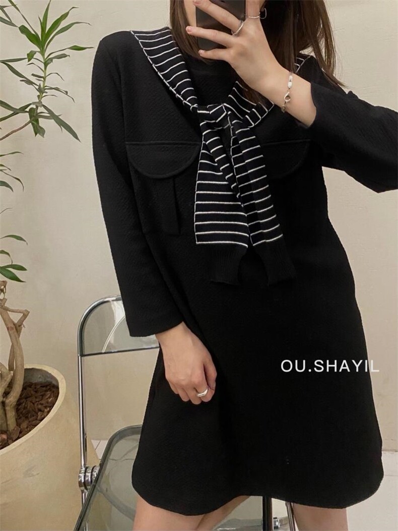 韩版双口袋泡泡针织面料连衣裙，女装连衣裙，晶晶