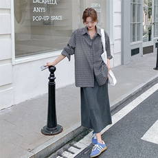 复古格子长袖衬衫背心连衣裙两件套女秋季宽松慵懒风小众衬衣外套，女装套装/套裙，2C093