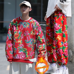 TW02男女休闲东北大花加绒加厚保暖卫衣九分裤套装风团队服潮