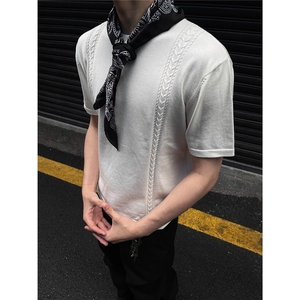 外贸夏季冰丝凉感短袖T恤衫轻奢老钱风针织衫潮男百搭透气宽松短T图片