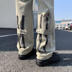 黄泥色直筒牛仔裤男潮牌美式设计感宽松拉链阔腿休闲长裤WN72-P45，男装牛仔裤，星座1008-1