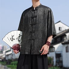 2025夏季新款风大码七分袖衬衫男士立领盘扣上衣CS2461-P60，男装衬衫，电商A008