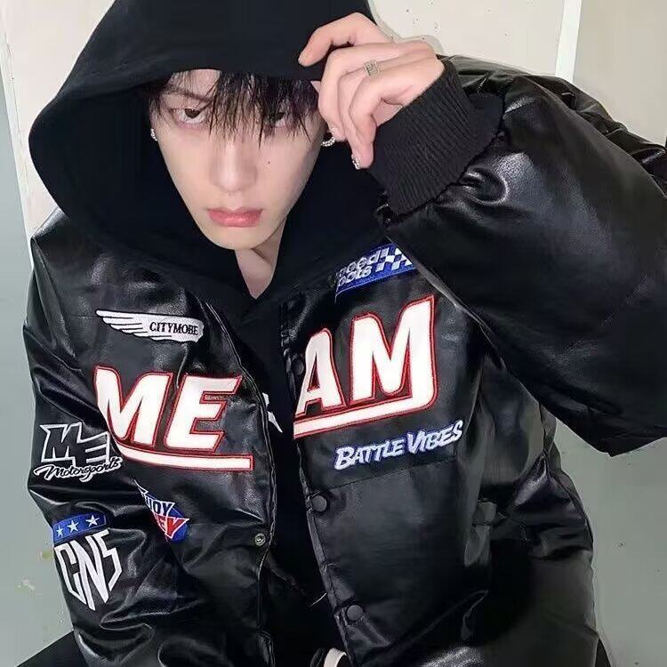 复古机车刺绣pu皮棉服外套男装秋冬痞帅高级感赛车服飞行员皮夹克图片