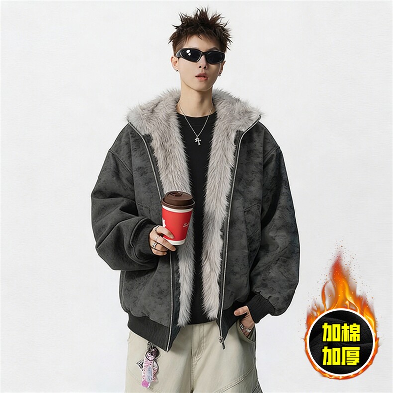 现货高品质美式高街重磅座山雕毛毛领pu皮棉衣男女加厚棉服冬外套，男装皮衣，电商A443