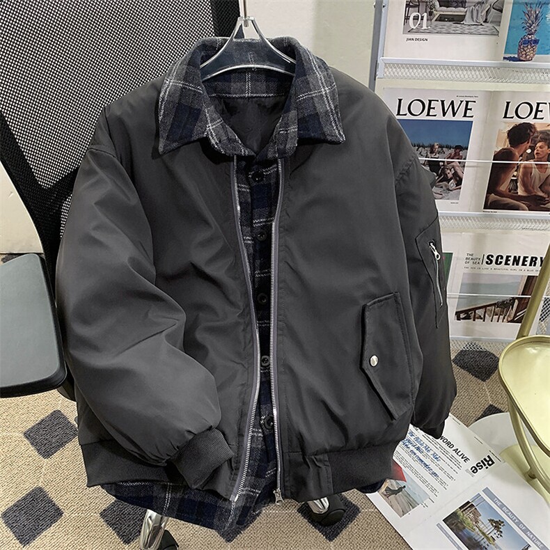 假两件棉服外套男士韩版潮流拼接格子2024冬季ins棉衣MF331-P90,男装棉衣,星座412-2