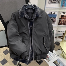 假两件棉服外套男士韩版潮流拼接格子2024冬季ins棉衣MF331-P90，男装棉衣，星座412-2