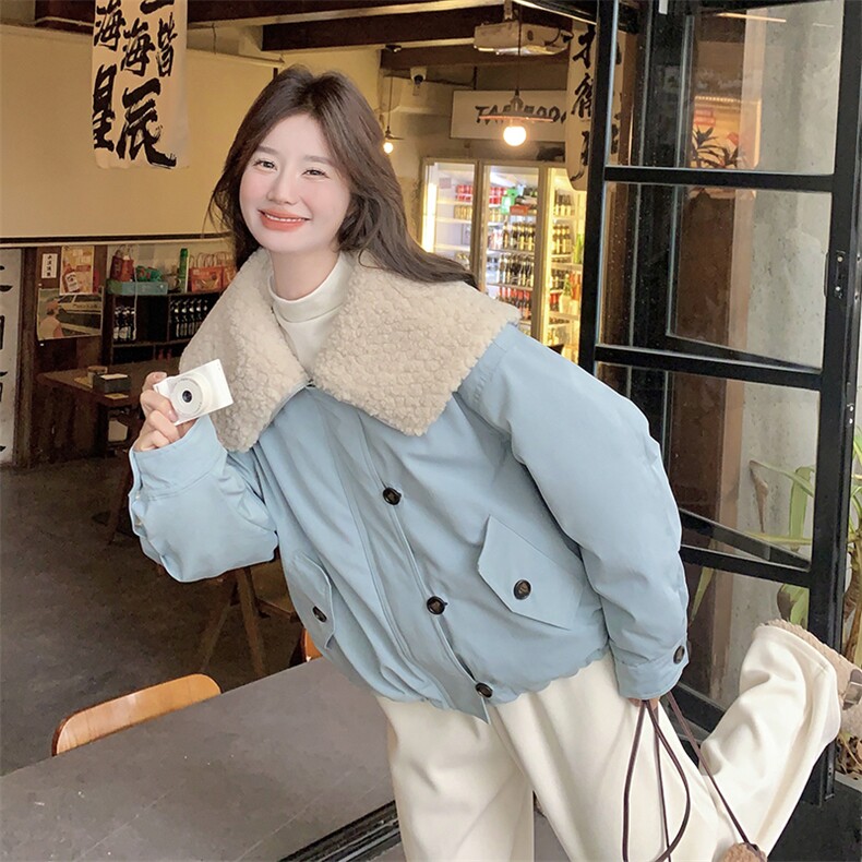 档口有货羊羔毛领拼接蓝色羽绒服2C090-1556-P245-K368,女装羽绒服,2C090