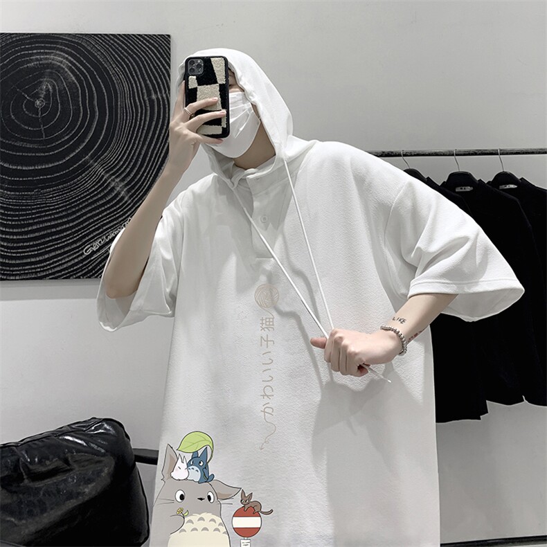 LD54152-P45 连帽短袖t恤男大码胖子带帽五分袖中袖 大皂风图片
